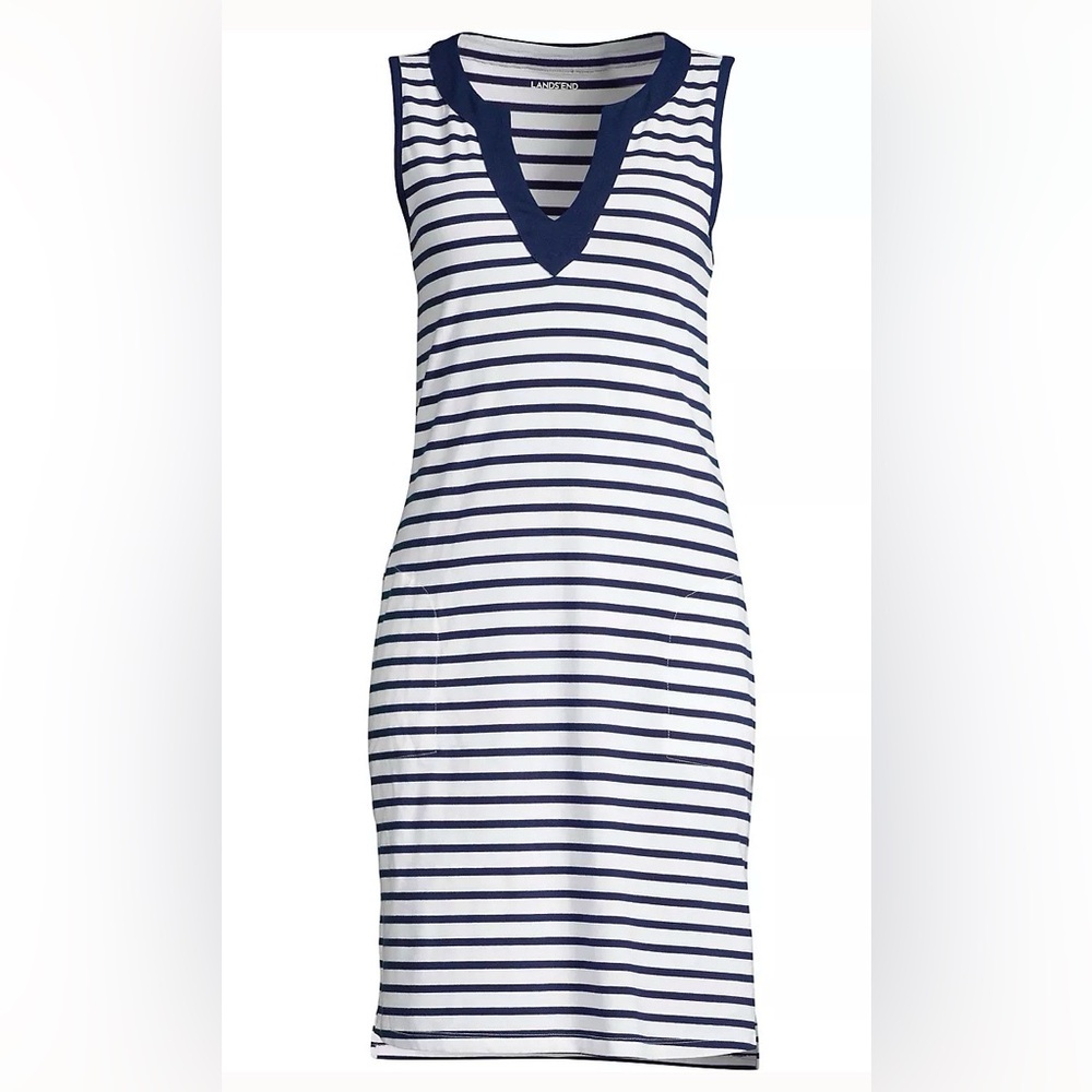 Lands End Cotton Jersey Sleeveless Swim Coverup Dress Print XS Navy White Stripe